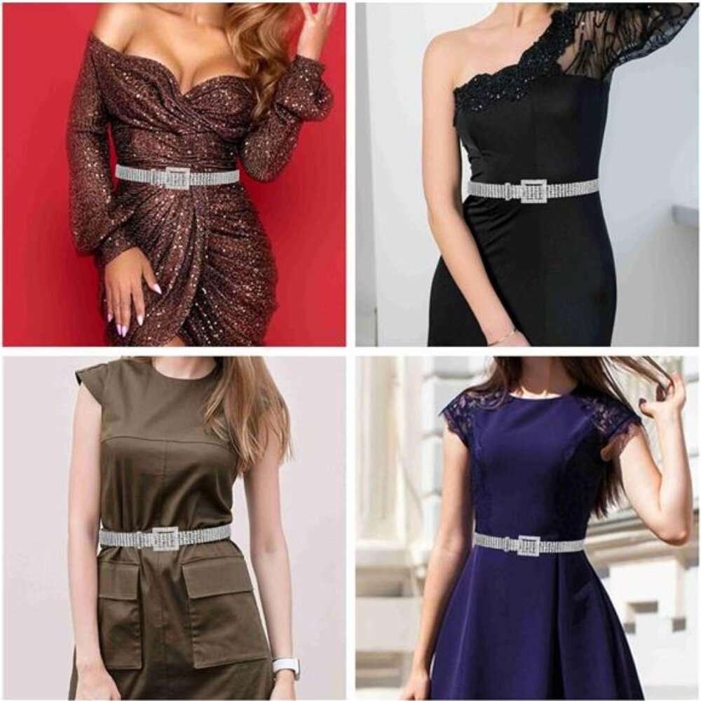 Women Rhinestone Belt Bling Crystal Shiny Waist Dress Belt Silver - Picture 6 of 8